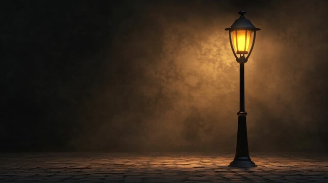 Illuminated lamppost on cobblestones, dark background.
