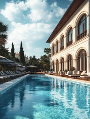 Swimming pool area at luxury Turkish hotel, Antalya, Turkey