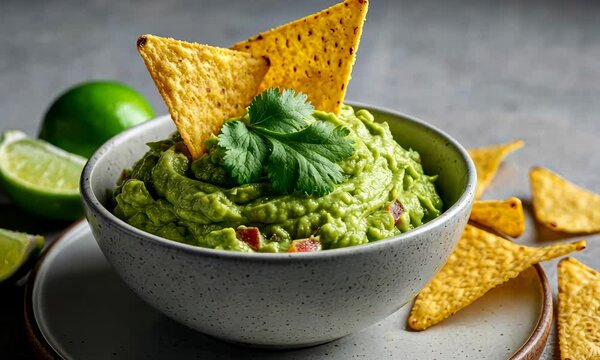 Creamy avocado dip with tortilla chips and lime slices