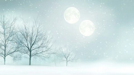   A pair of trees stand in a snow-covered field under the full moon