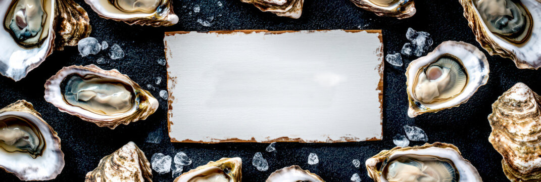 Elegant oyster and seafood menu template design for restaurants and events. Horizontal banner. Copy space. White poster surrounded by oysters on a dark background. Top view