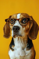 : A curious Beagle wearing square, brown-rimmed glasses, sitting attentively against a solid yellow background. The glasses give the dog an inquisitive and thoughtful expression.
