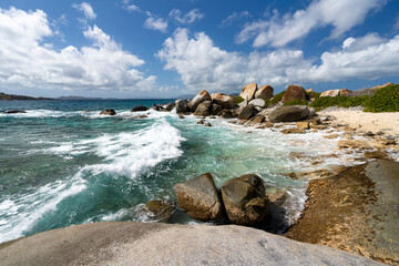 Virgin Gorda, British Virgin Islands, The Baths National Park - January 28 2024: View of a beach with rough seas