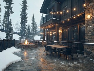 Cozy outdoor patio with a fire pit, surrounded by snow-covered trees.