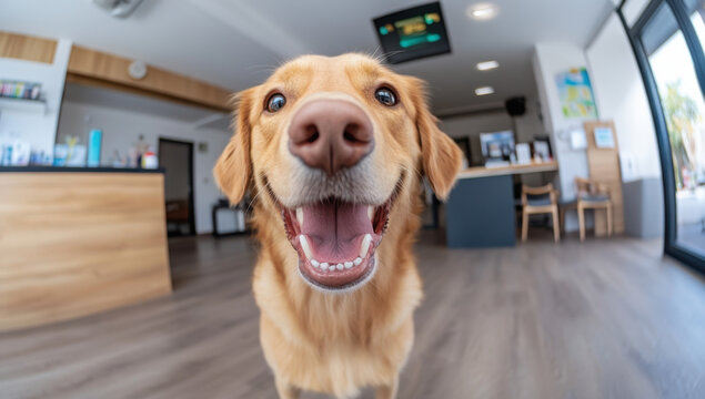 A cheerful golden retriever with a wide smile stands in a well-lit indoor area, welcoming visitors with its friendly demeanor and playful spirit.