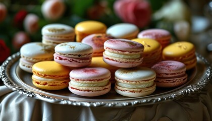 Fototapeta premium Vibrant Macaron Assortment on an Ornate Silver Tray