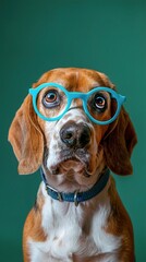: A curious Beagle with round, blue-framed glasses, sitting attentively against a solid green background. The glasses enhance the dog???s inquisitive nature.