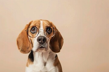 : A curious Beagle with round, brown-rimmed glasses, sitting alertly against a solid beige background. The glasses enhance the dog???s thoughtful and attentive expression.
