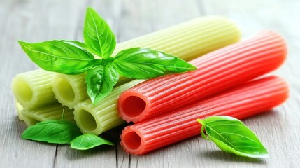   Three cooked pastas with basil leaves on a white wooden table