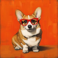 : A curious Corgi wearing bold, red-framed glasses, sitting cheerfully against a solid orange background. The glasses add a lively and energetic touch to the dog???s appearance.