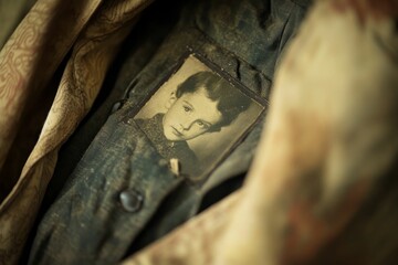 Aged garment holds child's sepia photograph.