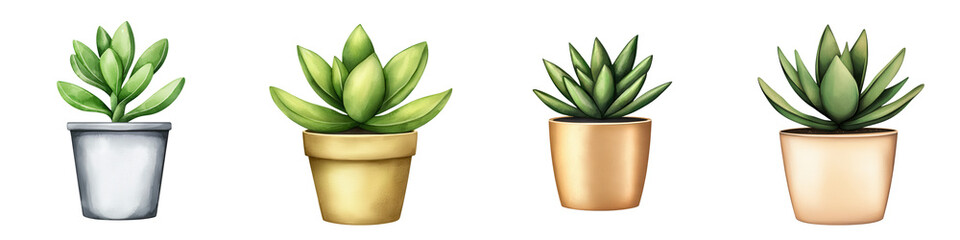 Succulent plants in various metallic planters, showcasing vibrant greens, isolated on transparent background.