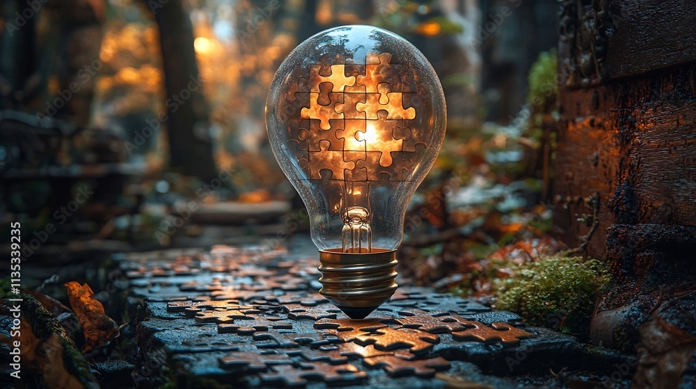 Poster glowing lightbulb with floating puzzle piece symbolizing the moment of insight