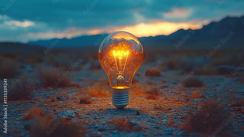 Poster glowing lightbulb shining in the middle of a desert landscape symbolizing a brilliant idea emerging 