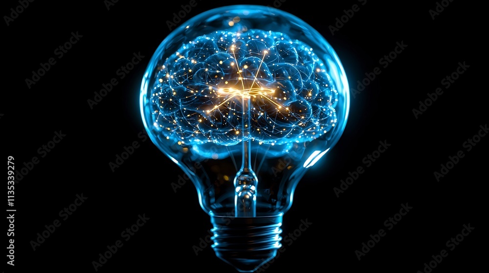 Poster glowing lightbulb floating above illuminated brain symbolizing innovative thought and groundbreaking