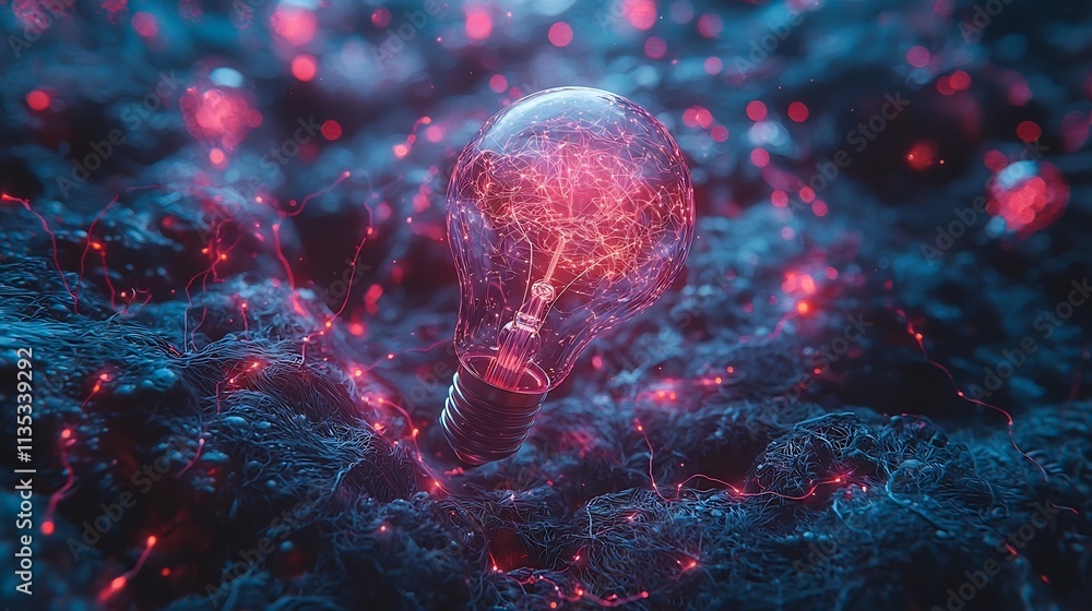 Poster glowing lightbulb floating above interconnected brain symbolizing groundbreaking ideas and innovativ