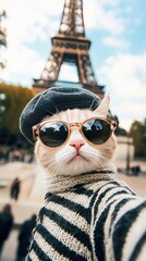 A charming cat in sunglasses and a striped sweater poses in front of the Eiffel Tower on a sunny day. Its confident stance embodies Parisian flair and urban sophistication.. AI Generation