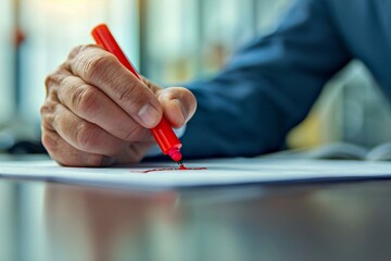 close-up of a businessperson's hand marking error with red marker