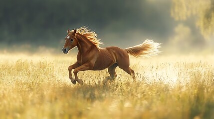 Fototapeta premium Chestnut colt cantering across green meadow summer sunlight casting shadows vibrant equine beauty