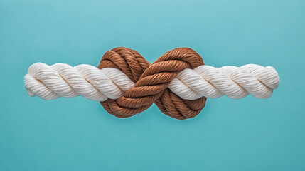 Fototapeta premium Weaving of ropes, like concept of teamwork unity, on pale turquoise background.