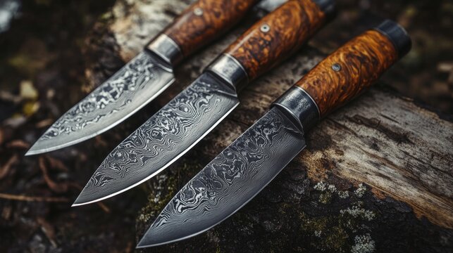 Stunning Damascus Steel Knives on Wooden Surface