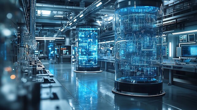 Futuristic High Tech Laboratory with Holographic Chemical Equations and Transparent Tubes - Powered by Adobe