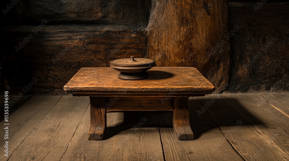 Aufkleber antique wooden table with a lidded container in a rustic setting.