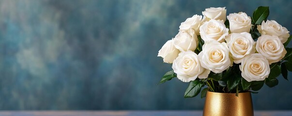 A bouquet of white roses in a golden vase, promoting indulgence, timeless elegance