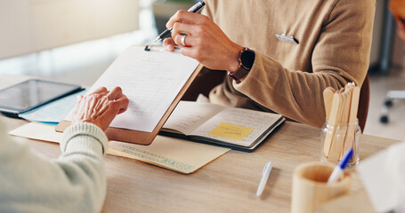 Hands, doctor and clipboard with diagnosis for consultation, medical services and checkup. People,...