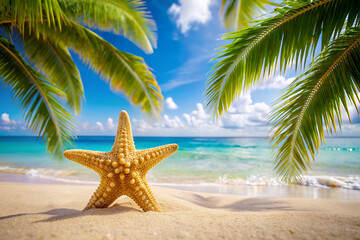 Fototapeta na wymiar Tropical beach with sea star on sand, summer holiday background.