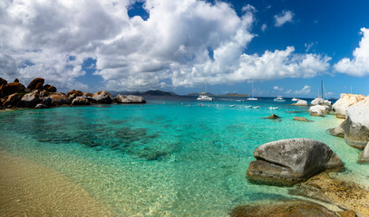 Virgin Gorda, British Virgin Islands, The Baths National Park - January 28 2024: Devil's Bay with a spectacular sky
