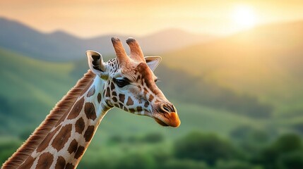 Obraz premium a giraffe's head with mountains in the background