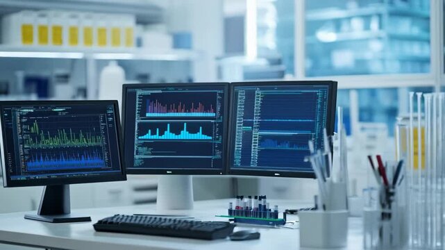 Monitors in laboratory showing data analysis process. Medical research and science concept. Medicine and healthcare of the future. Monitoring system