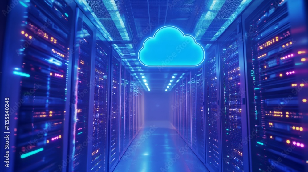 Poster a glowing neon blue cloud icon hovers in the center of a high-tech data server room. the space is il