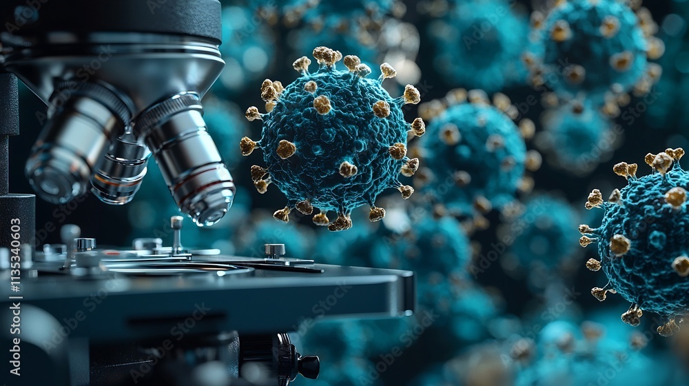 Poster futuristic lab with holographic virus models floating above microscopes symbolizing advancements in 