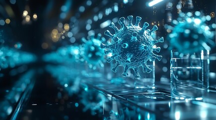 Cutting Edge Futuristic Lab with Holographic Virus Models Floating Above Microscopes