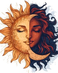 A stunning illustration featuring a woman of mixed ethnicity, merging with a sun and moon motif, representing harmony between light and dark, with vibrant orange and deep blue tones.