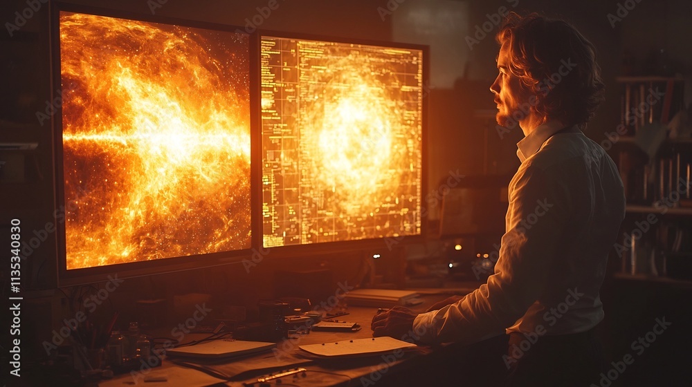 Poster futuristic scientist interacting with holographic climate and space data in high tech laboratory
