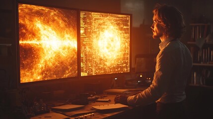 Futuristic Scientist Interacting with Holographic Climate and Space Data in High Tech Laboratory