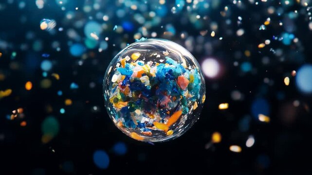 floating microplastic particles encapsulated in a transparent bubble surrounded by colorful blurred lights symbolizing pollution, environmental challenges, and ecological awareness