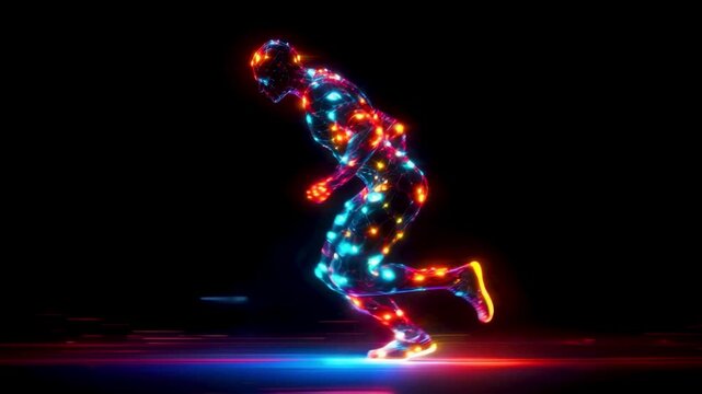 futuristic glowing humanoid figure composed of interconnected neon lights in a dynamic running pose symbolizing speed, energy, and technological progress