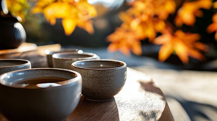 Seasonal Sake Enjoyed Outdoors with Autumn Leaves in the Background