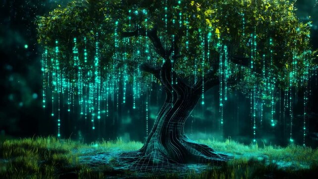 The convergence of nature and technology: a luminous digital tree surrounded by cascading data streams in an enchanted forest
