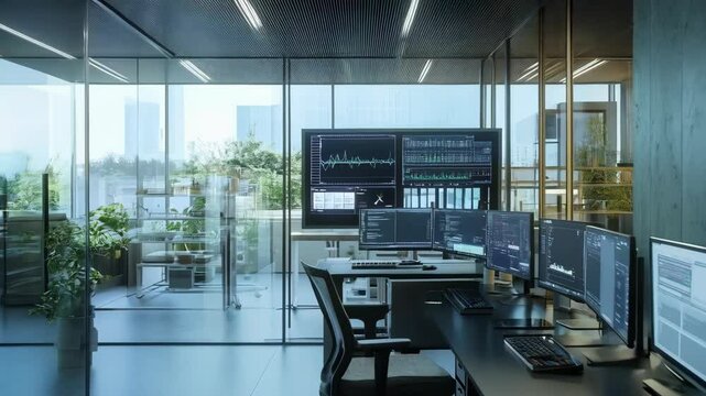 Modern office workspace with multiple monitors displaying financial data and analytics. High-tech corporate environment. Professional trading desk setup