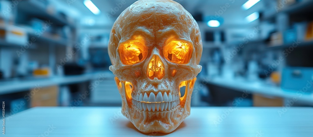 Poster illuminated skull model in a lab setting.