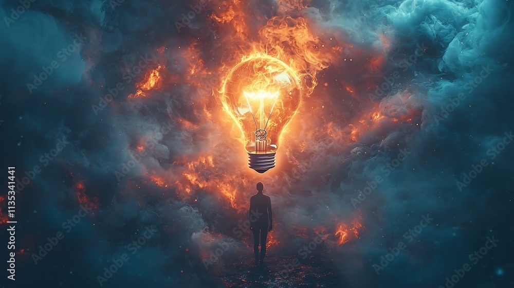 Poster glowing lightbulb floating above person s head surrounded by colorful sparks symbolizing new idea co