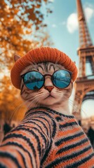 A fashionable tabby cat in an orange beanie and striped sweater takes a selfie in front of the Eiffel Tower. Vibrant fall colors add a seasonal touch to this playful Parisian moment.. AI Generation