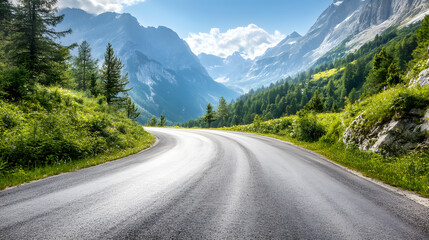 An asphalt road in the Austrian Alps on a summer day.