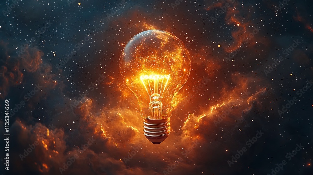 Poster glowing lightbulb floating in cosmic space symbolizing big ideas and limitless creativity