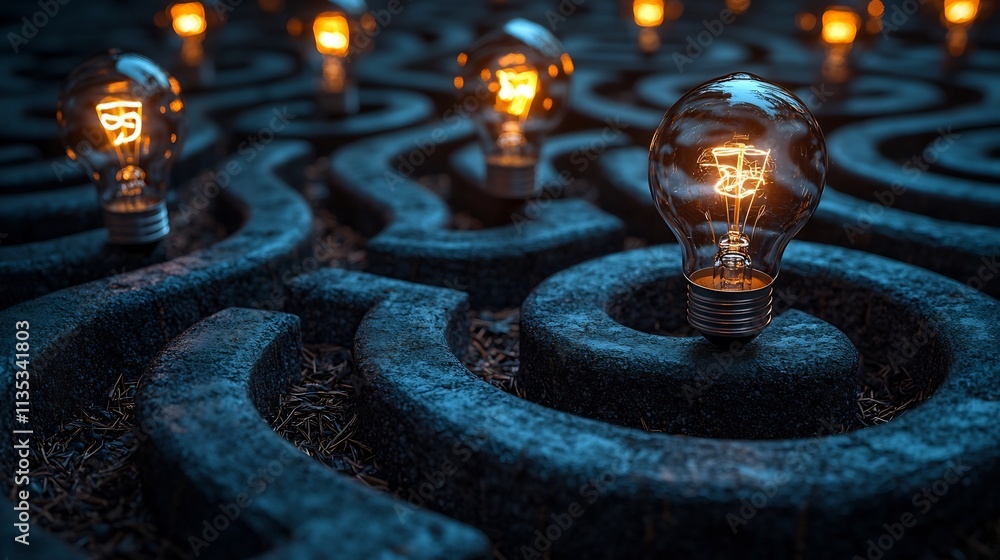 Poster navigating intricate pathways to brilliant ideas symbolic maze of illuminating lightbulbs